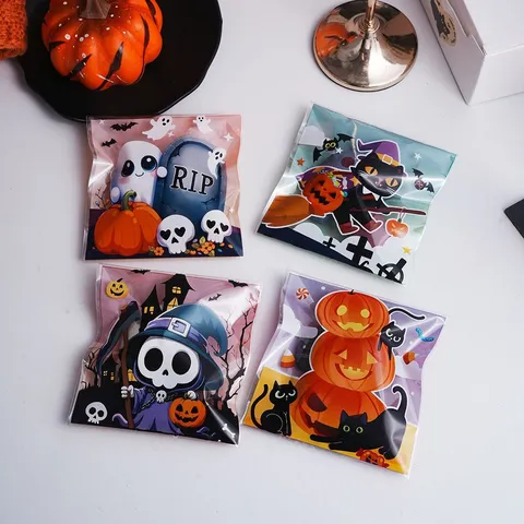Sacchetto Autosigillante a Cartoni Animati di Halloween in Plastica per Biscotti Caramelle Regalo per Festa