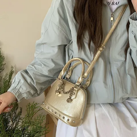 Women Urban Minimalist PU Leather Shell Crossbody Bag Fashion Handbag With Rivet And Chain Design Shoulder Bag