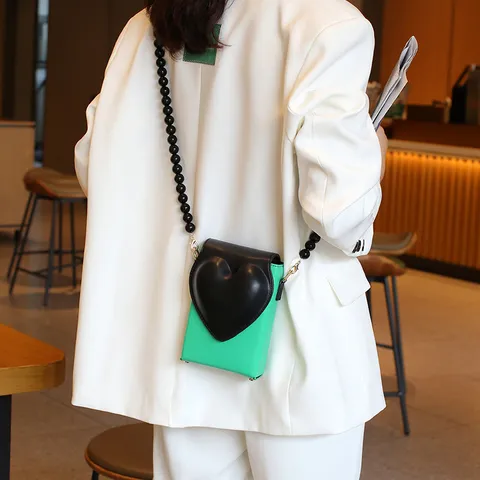 Women Small PU Leather Mobile Phone Bag Sweet Heart Flap Beaded Chain Crossbody Shoulder Bag Daily Trendy Handbag