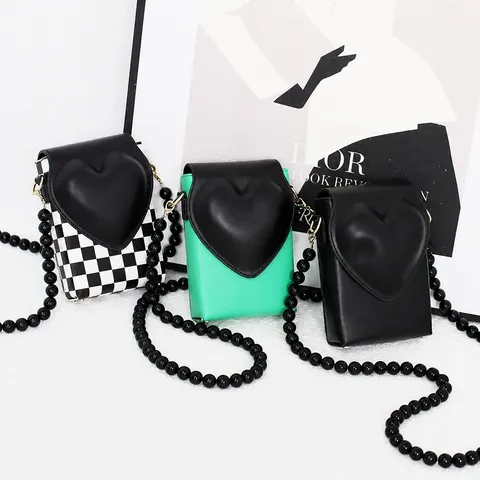 Women Small PU Leather Mobile Phone Bag Sweet Heart Flap Beaded Chain Crossbody Shoulder Bag Daily Trendy Handbag