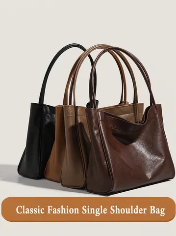 Women Casual Large Capacity Tote Bag PU Leather Soft Single Shoulder Commuting Handbag With Pouch