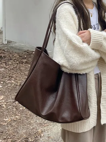 Women Large Capacity PU Leather Tote Bag Vintage Casual Soft Shopper Bag Commuter Handbag College Style Shoulder Bag