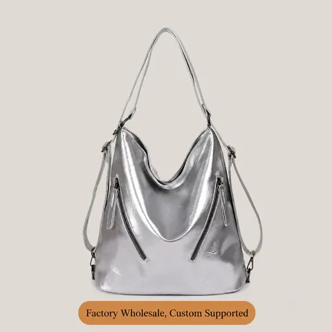 Solid Color PU Leather Tote Bag Large Capacity Silver Handbag Versatile Women Daily Commuting Shoulder Bag