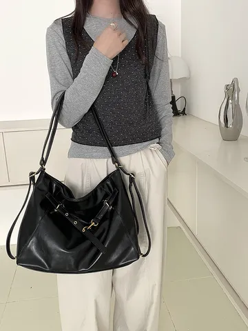 Retro PU Leather Hobo Tote Bag Large Capacity Slouchy Single Shoulder Bag Metal Buckle Casual Commuter Bag For Women