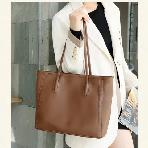 Women Large Capacity Tote Bag Retro PU Leather Shoulder Handbag Casual Commuter Bag With Zipper Closure