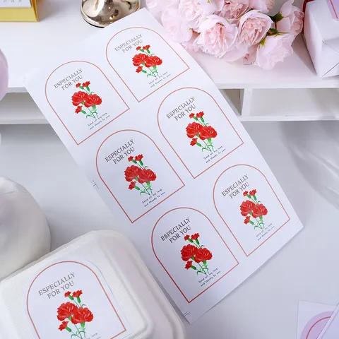 Mother's Day Gift Box Decorative Stickers Carnation Flower Arch Shape Self Adhesive Package Sealing Labels Sweet Blessings Words Paper Craft Stickers