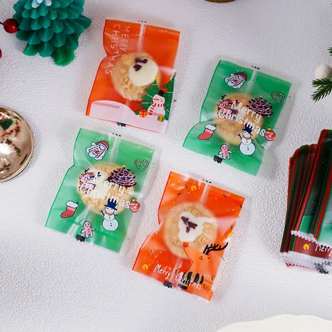 Frosted Plastic Christmas Heat Seal Bags Cute Santa Reindeer Pattern Cookie Biscuit Candy Food Packaging Bags For Party