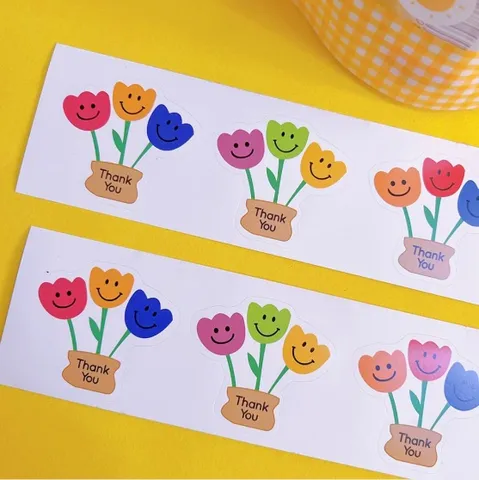 Süß Cartoon Blumen Smiley Gesicht Thank You Aufkleber Farbigen Druck Tulpe Versiegelungsetiketten Für Geschenkbox DIY Verpackung Deko
