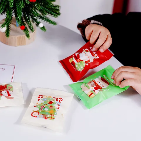 Christmas Plastic Baking Packaging Bags Cartoon Hand Drawn Heat Sealed Food Snack Storage Pouch For Candy Cookie Nougat Snowflake Crisp Festival Decor