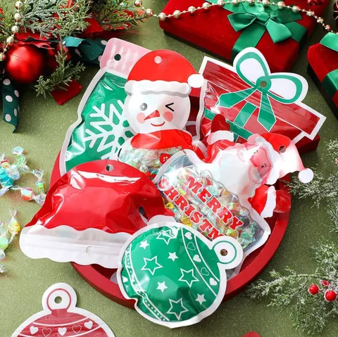 Sacchetti Regalo Appesi di Natale Cartone Animato Babbo Natale Pupazzo di Neve Sacchetti di Plastica Autosigillanti per Caramelle Imballaggio