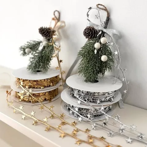 Navidad Repujado Estrella Cinta Poliéster Metálico Cinta Regalo Para Árbol De Navidad Decorativo Cinta Guirnalda