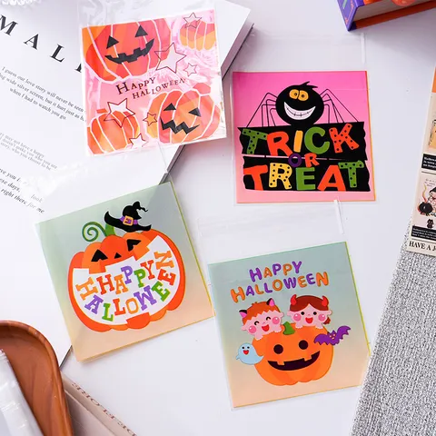 Halloween Kunststoff Selbstklebende Verpackungstüten Cartoon Kürbis Spinne Druck Klar Leckerbissen Cellophan Keks Süßigkeiten Aufbewahrungstüten