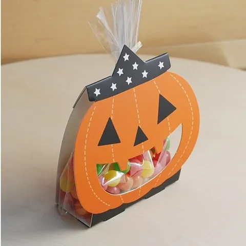Lot de Sacs à Bonbons Citrouille d'Halloween Avec Base et Liens Boîte à Biscuits Motif Chapeau de Sorcier pour Fête et Cadeaux