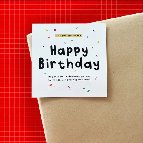 Tarjeta de Felicitación de Feliz Cumpleaños Cuadrada de Cartulina Moderna Estampada con Confeti de Colores Tarjetas de Mensaje Para Floristería Pastelería Regalo Decoración