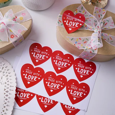 Red Heart Adhesive Sealing Stickers Made With Love Heart Shaped Labels For Valentine Christmas Gift Box Decoration Wrap