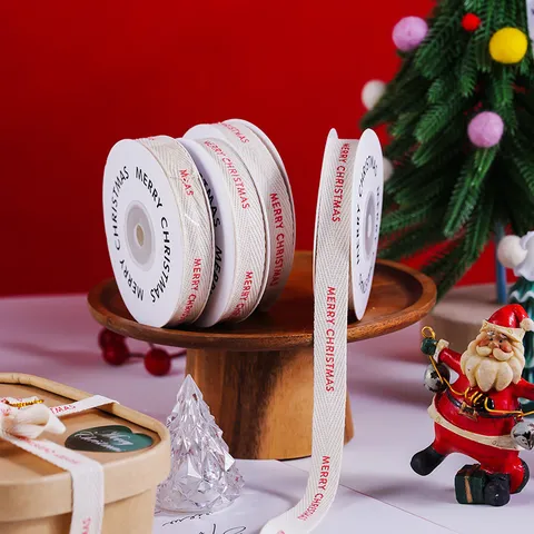 Nordic Minimalist Cotton Herringbone Ribbon Merry Christmas Printed Gift Packaging Webbing Belt For Handmade DIY Holiday Party Decoration Supplies