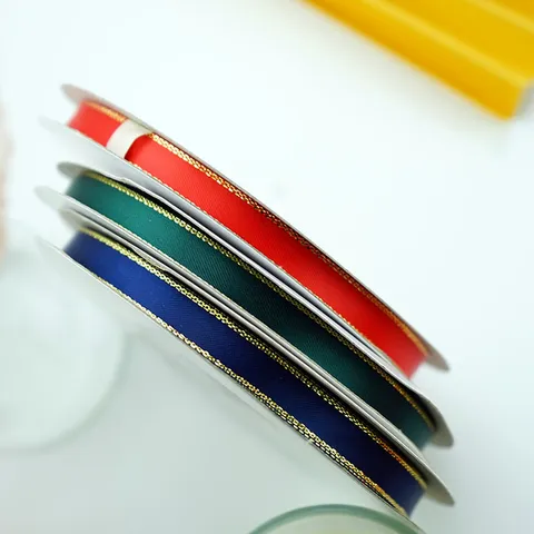 Double Sided Gold Edge Satin Ribbon Polyester Gift Packing Belt Metallic Trim Webbing For Bakery Handcraft Festive Wedding Party Decor