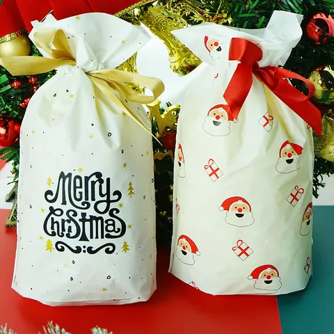 Christmas Drawstring Gift Bag Cartoon Santa Claus Merry Letter Print EVA Candy Goodie Bag Ribbon Bow Holiday Packaging Pouch