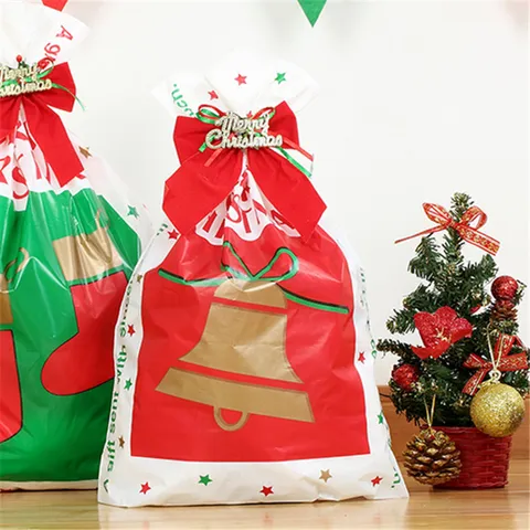 Christmas Bell Print Plastic Packaging Bag Holiday Treats Gift Wrap Handle Pouch For Bakery Cake Dessert Candy Pack Event Supplies