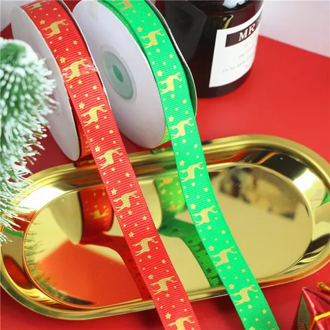 Christmas Gift Wrapping Ribbon Polyester Satin Ribbon With Gold Deer Star Printed Design Holiday Crafts Garland Decor
