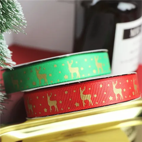 Christmas Gift Wrapping Ribbon Polyester Satin Ribbon With Gold Deer Star Printed Design Holiday Crafts Garland Decor