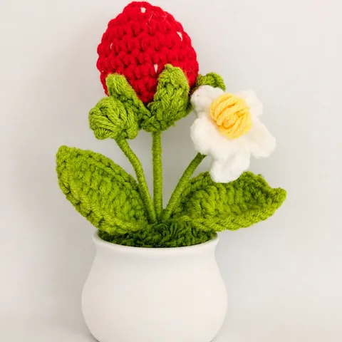 Handmade Crocheted Wool Strawberry Potted Plant Artificial Flower Ceramic Pot Home Decor Table Ornament Gift