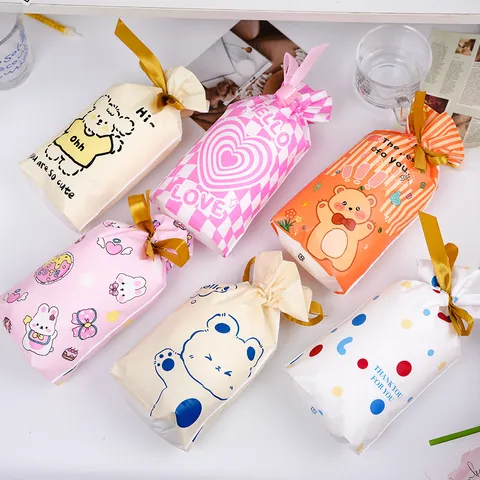 Cute Cartoon Animal Bear Rabbit Drawstring Gift Bag Plastic Ribbon Goodie Bags For Candy Baking Packaging Childrens Day Christmas Party Favors