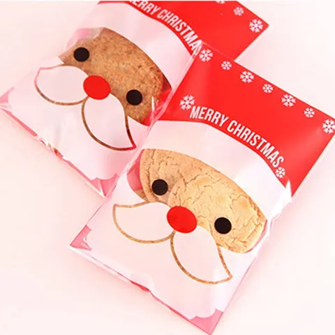 Weihnachten Weihnachtsmann Selbstklebende Geschenktüte Rot Bedruckt Schneeflocke Keks Süßigkeiten Verpackung Zellophantüten Für Feiertag Party