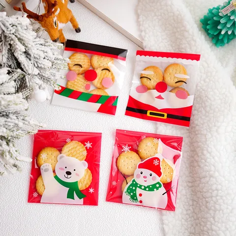 Christmas Cartoon Self Adhesive Cookie Bags Clear Plastic Candy Gift Bag For Nougat Biscuit Baking Pastry Packing Ornaments