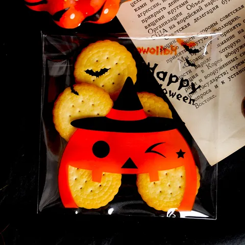 Halloween Plastic Candy Bags Self Adhesive Gift Pouches Cartoon Pumpkin Pattern Trick Or Treat Cookie Bags For Party