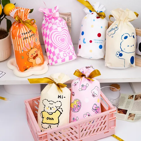 Cute Cartoon Animal Bear Rabbit Drawstring Gift Bag Plastic Ribbon Goodie Bags For Candy Baking Packaging Childrens Day Christmas Party Favors