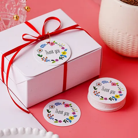Round Floral Wreath Thank You Paper Gift Tags Flower Design Hanging Labels For Wedding Party Bakery Holiday Present Decor