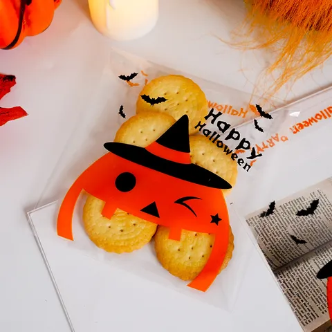 Halloween Plastic Candy Bags Self Adhesive Gift Pouches Cartoon Pumpkin Pattern Trick Or Treat Cookie Bags For Party