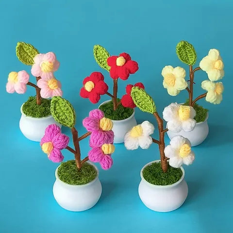 Handgemaakte Gehaakte Bloem Potplant Mini Garen Hortensia Bonsai Bureaublad Auto Huisdecoratie Ornament