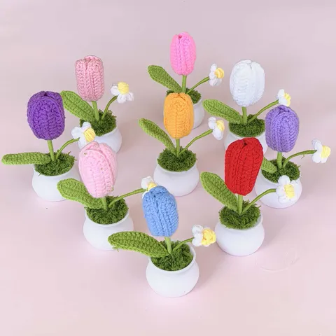 Handgemaakt Gebreid Gehaakt Wol Tulp Potplant Kunstbloem voor Huisdecoratie Afstudeercadeau