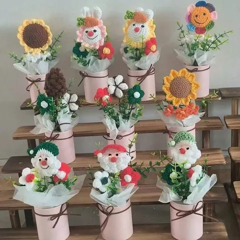 Handgemaakte Gehaakte Wol Bloemenboeket Kerstman Konijn Zonnebloem Pot Kunstbloem Gebreide Huisdecoratie Cadeau