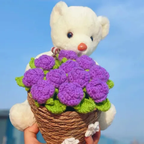 Handgemaakt Gebreid Garen Knuffelende Beer Zonnebloem Bloemenboeket Gehaakte Potplant Verjaardag Afstudeercadeau Huisdecoratie