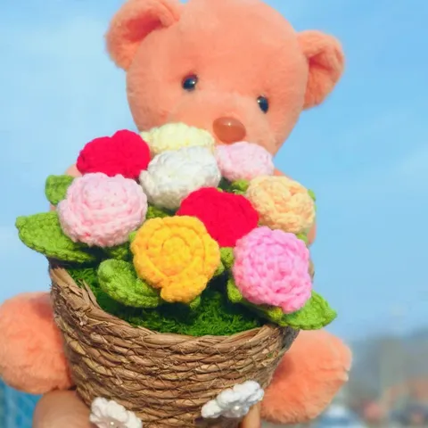 Handgemaakt Gebreid Garen Knuffelende Beer Zonnebloem Bloemenboeket Gehaakte Potplant Verjaardag Afstudeercadeau Huisdecoratie