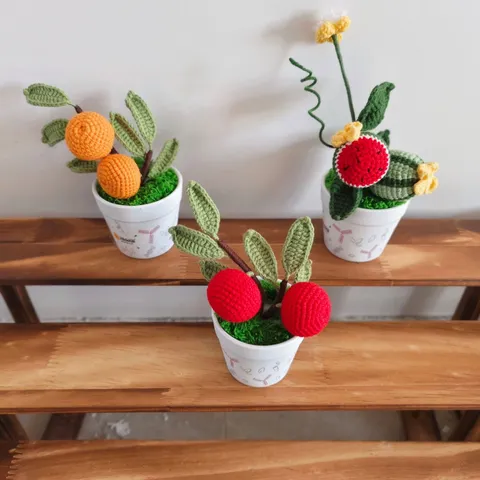 Handmade Crochet Fruit Potted Plant Knitted Persimmon Apple Watermelon Bonsai Pastoral Table Decor Festive New Year Ornament