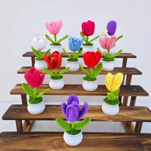 Handgemaakte Gebreide Tulp Potplant Gehaakte Bloem Boeket Huisdecoratie Tafel Ornament Kunstmatige Bloemen Geschenk