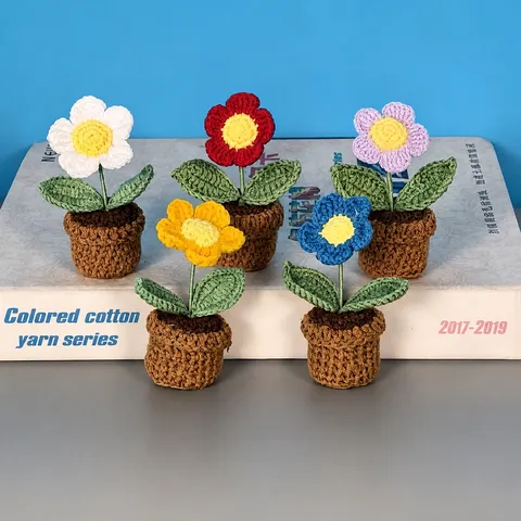 Handgemaakte Gehaakte Kleine Madeliefje Topfpflanze Schattige Melkkatoen Geweven Simulatie Bloem Voor Thuis Desktop Decoratie