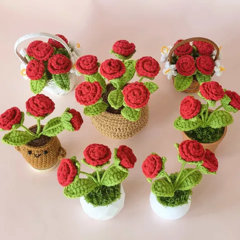 Handgemaakte Gehaakte Roos Potplant Wolgaren Kunstbloem Ornament Valentijnsdag Cadeau Bureau Huisdecoratie