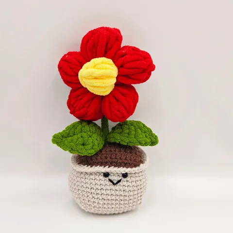 Fausse Fleur en Pot en Fil Chenille Crocheté à Main Plante Tricotée Mignon Visage Souriant Artificiel Floral Décoration d'Intérieur Cadeau