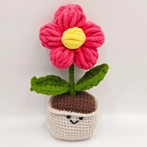 Fausse Fleur en Pot en Fil Chenille Crocheté à Main Plante Tricotée Mignon Visage Souriant Artificiel Floral Décoration d'Intérieur Cadeau