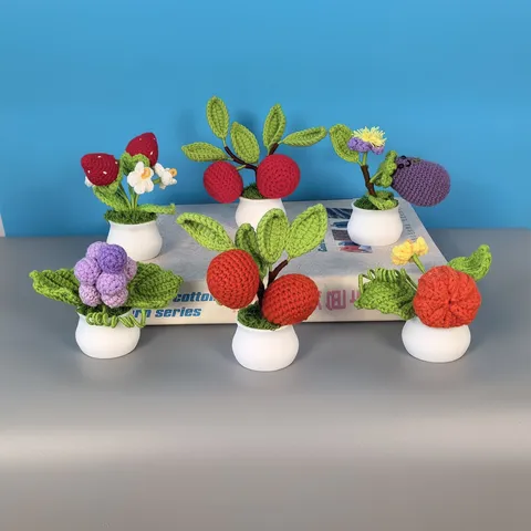 Handmade Knitted Crochet Potted Plant Simulated Fruit Pumpkin Strawberry Flower Pot Home Desktop Decoration Gift