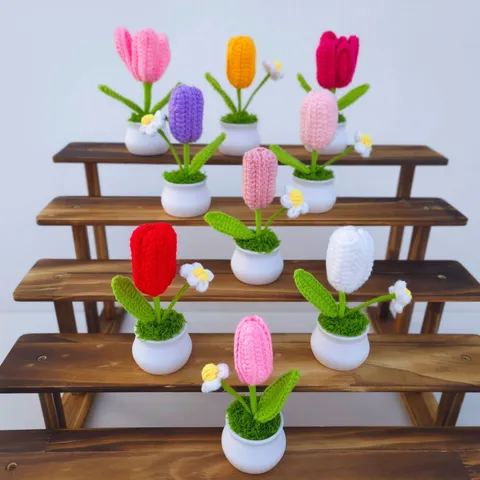 Handmade Knitted Crochet Tulip Potted Plant Artificial Flower Bouquet Home Decor Table Ornament New Year Gift