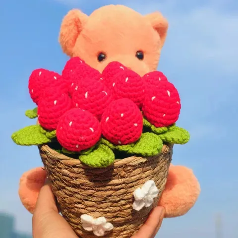 Handgemaakte Gehaakte Beer Bloem Potplant Gebreide Tulp Aardbei Boeket Huisdecoratie Verjaardag Afstuderen Cadeau