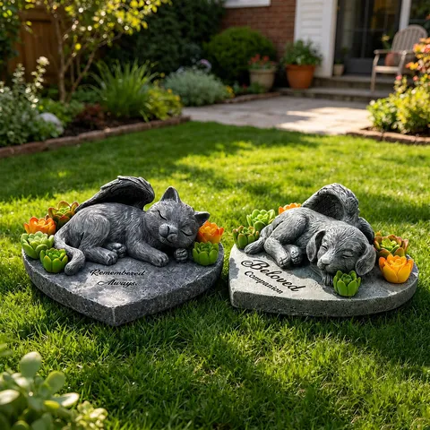 Pietra Commemorativa per Animali in Resina Gatto Cane Segnatomba Ali di Angelo Decorazione Giardino Ornamento Prato
