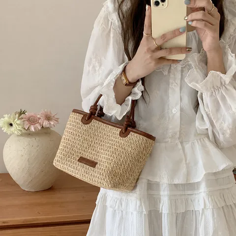 Women Retro Pastoral Woven Straw Handbag Color Block PU Leather Patchwork Tote Bag Beach Travel Commuting Shoulder Purse