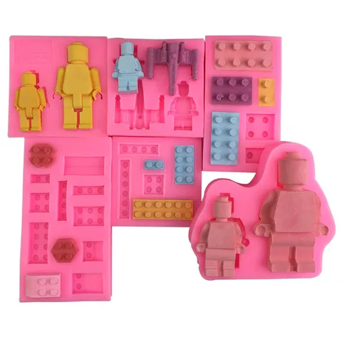 Molde de Silicona para Pastel de Robot y Bloques de Construcción Rosa Dibujos Animados Herramienta de Horneado para Chocolate Fondant DIY